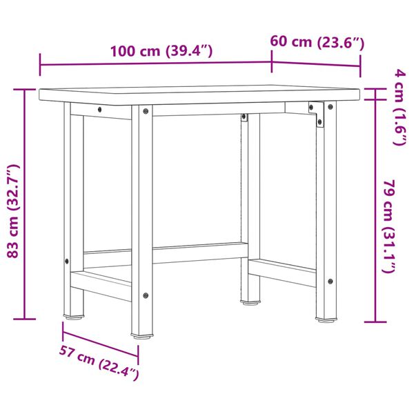 vidaXL Πάγκος Εργασίας Ορθογώνιος 100x60x83 εκ. από Μασίφ Ξύλο Δρυός