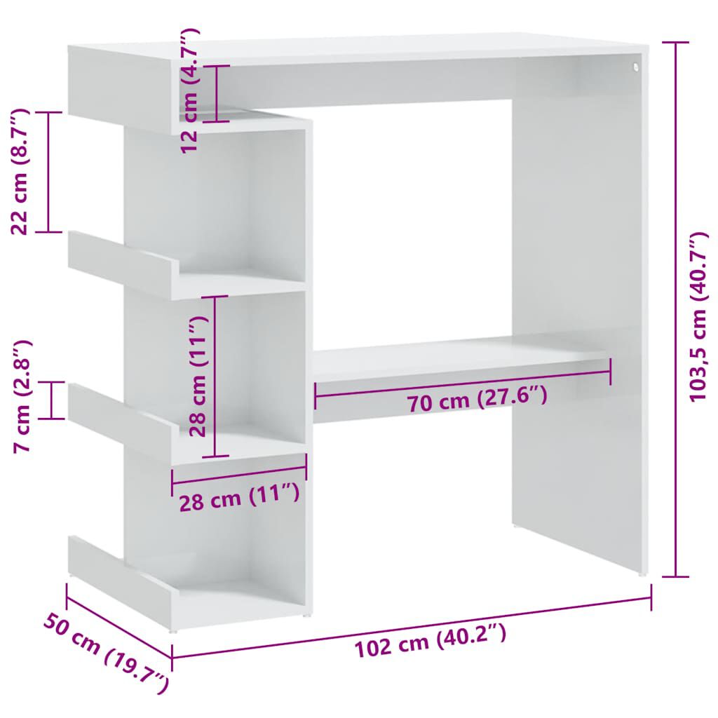 vidaXL Τραπέζι Μπαρ με Ράφια Γυαλ. Λευκό 102x50x103,5 εκ. Επεξ. Ξύλο