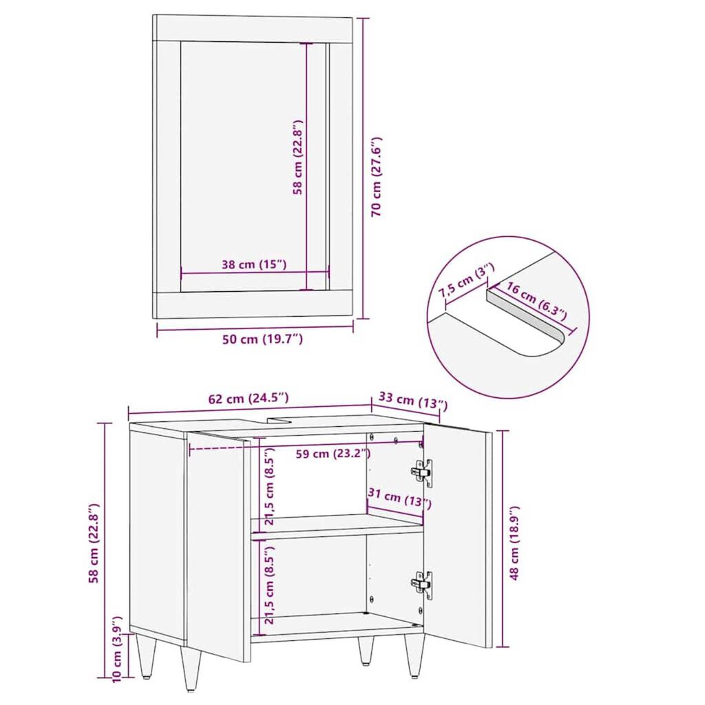 vidaXL Καθρέφτης Μπάνιου Καφέ 50 x 70 x 3 εκ Μασίφ ξύλο μάνγκο