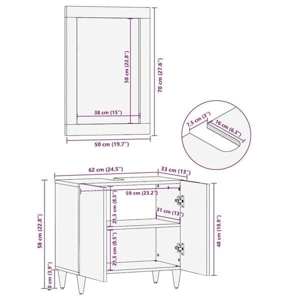 vidaXL Καθρέφτης Μπάνιου Καφέ 50 x 70 x 3 εκ Μασίφ ξύλο μάνγκο