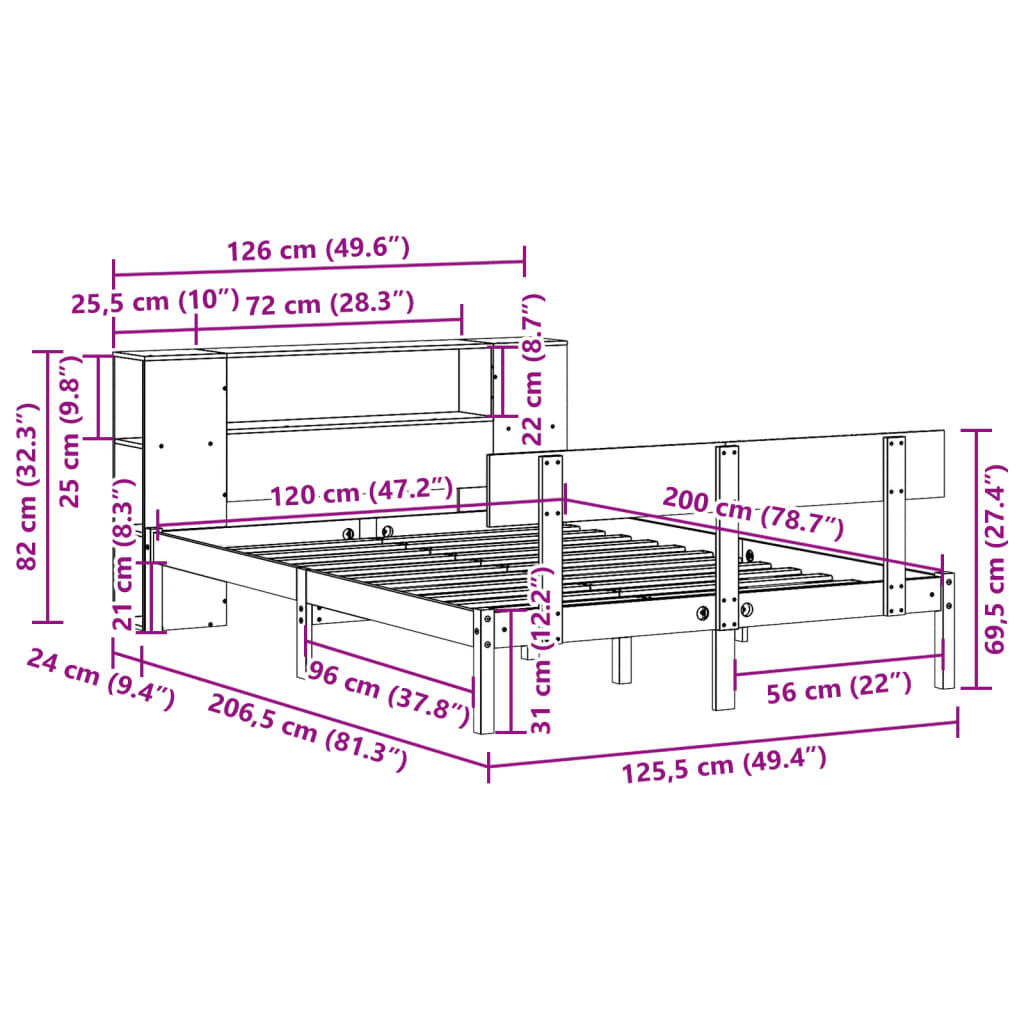 vidaXL Κρεβάτι Βιβλιοθήκη Χωρίς Στρώμα 120x200 εκ Μασίφ Ξύλο Πεύκο