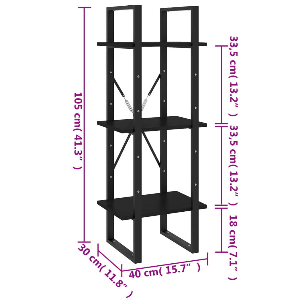 vidaXL Βιβλιοθήκη με 3 Ράφια Μαύρη 40x30x105 εκ. από Μασίφ Ξύλο Πεύκου