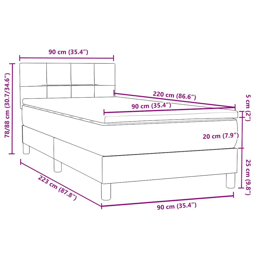 vidaXL Κρεβάτι Boxspring με Στρώμα Σκούρο Γκρι 90x220 εκ. Βελούδινο