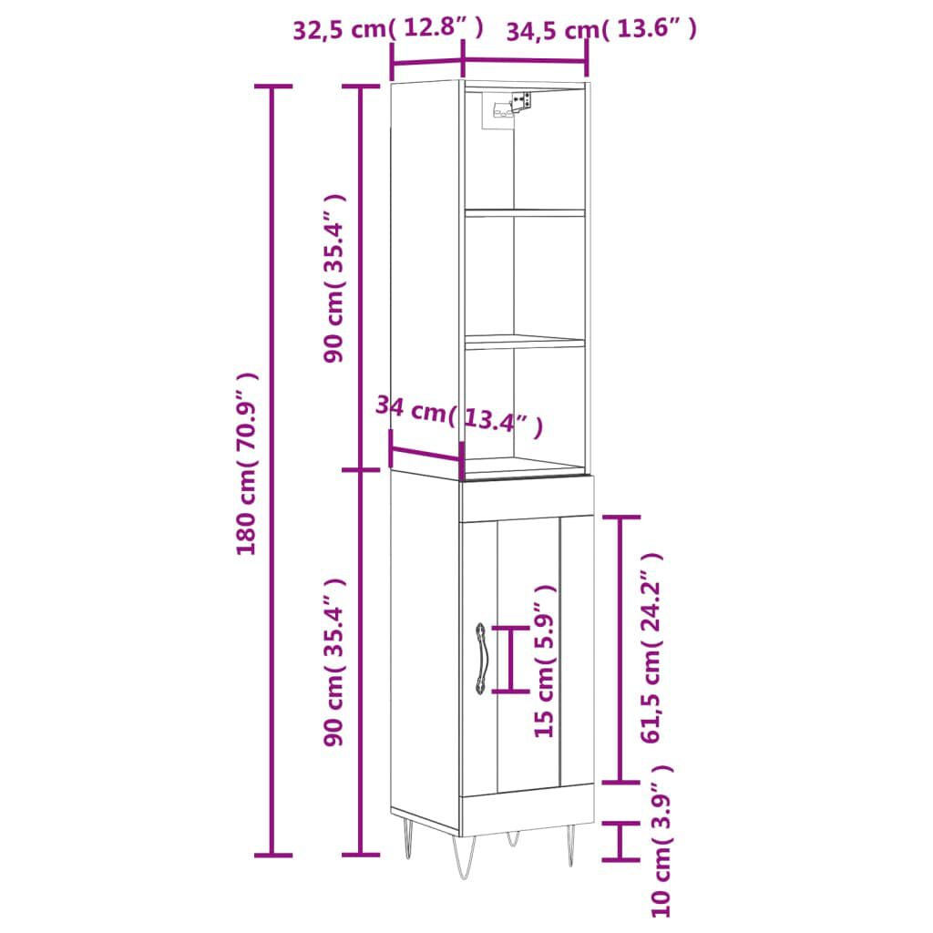 vidaXL Ντουλάπι Μαύρο 34,5 x 34 x 180 εκ. από Επεξεργασμένο Ξύλο