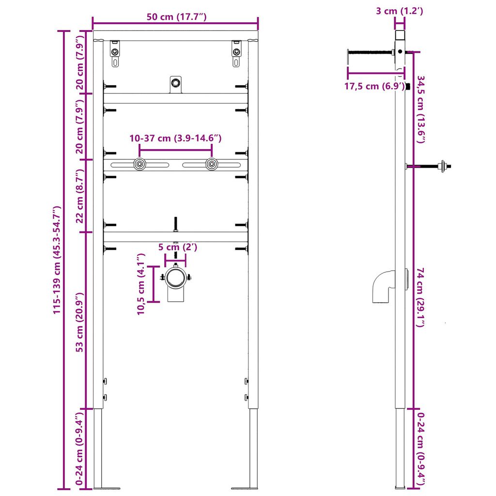 vidaXL Κρυφή Στήριξη για Ουρητήριο 50x115-139 εκ Ατσάλι