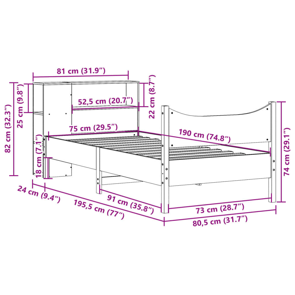 vidaXL Σκελετός Κρεβατιού Χωρίς Στρώμα 75x190 εκ Μασίφ Ξύλο Πεύκου
