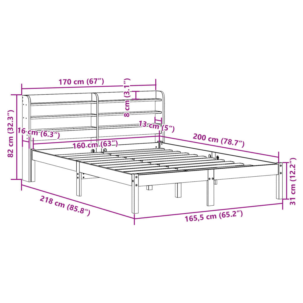 vidaXL Πλαίσιο Κρεβατιού με Κεφαλάρι Μελί 160x200εκ. Μασίφ Ξύλο Πεύκου