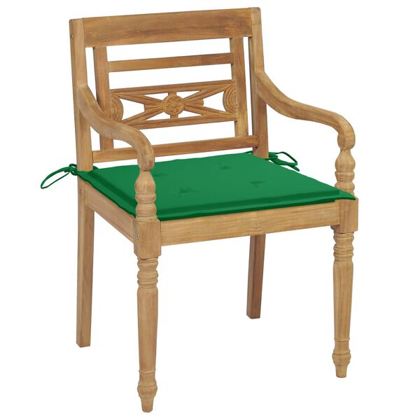 vidaXL Καρέκλες Batavia 2 τεμ. από Μασίφ Ξύλο Teak & Πράσινα Μαξιλάρια