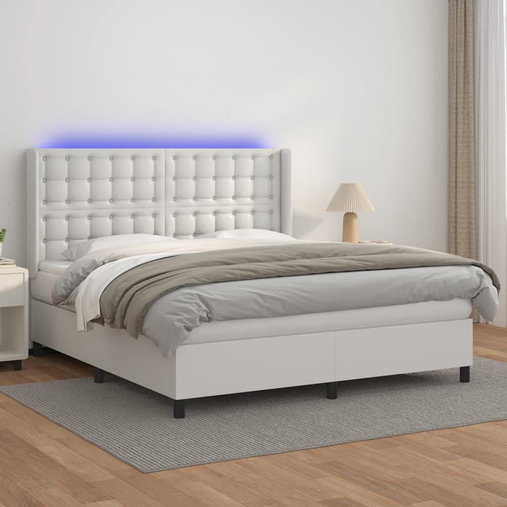 vidaXL Κρεβάτι Boxspring με Στρώμα & LED Λευκό 160x200 εκ. Συνθ. Δέρμα