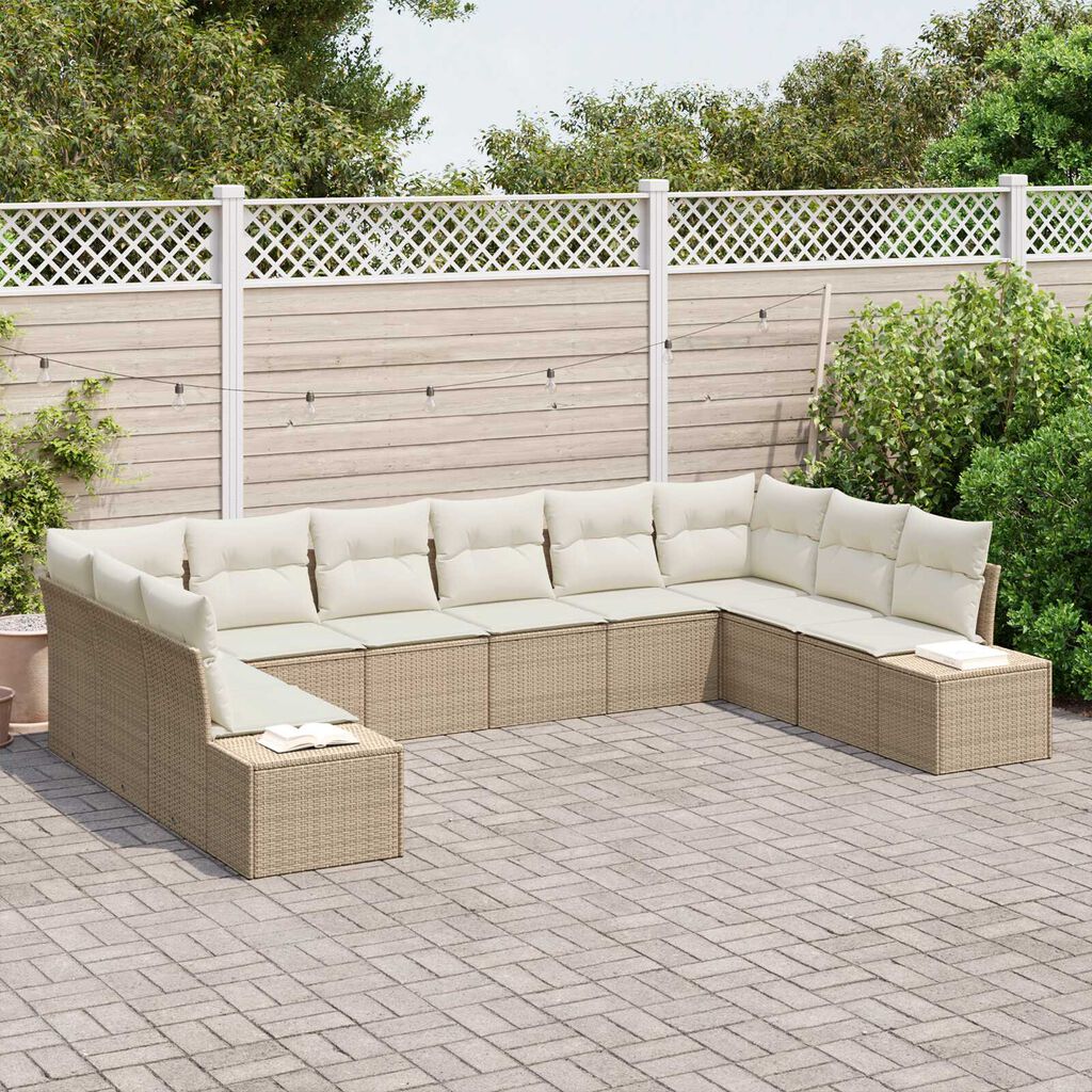 vidaXL Σετ Καναπέ Κήπου με μαξιλάρι 10 pcs Μπεζ Πολυ ράταν