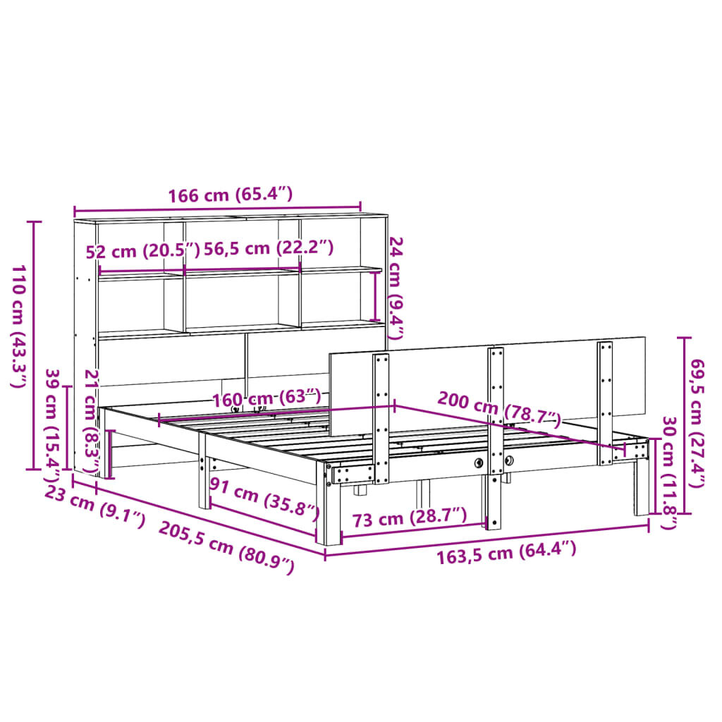 vidaXL Κρεβάτι Βιβλιοθήκη Χωρίς Στρώμα 160x200 εκ Μασίφ Ξύλο Πεύκου
