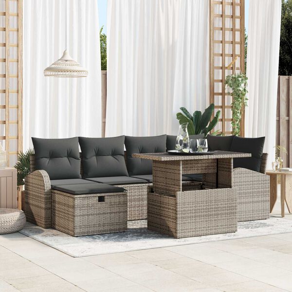 vidaXL Σετ Καναπέ Κήπου με μαξιλάρι 7 pcs Γκρι Πολυ ράταν