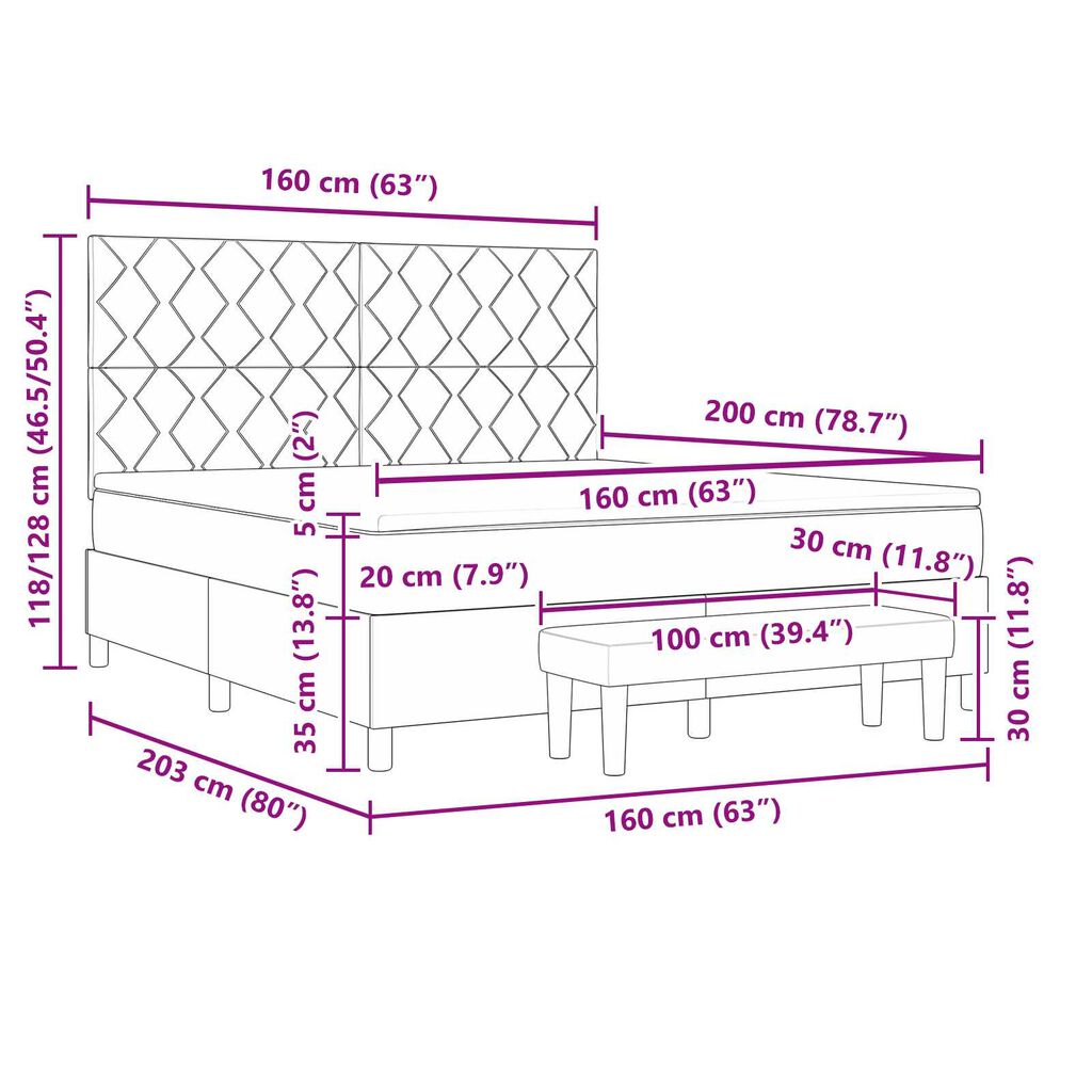 vidaXL Box Spring Bed με Στρώμα & Πάγκο Ταπέτα 160x200 εκ Ύφασμα