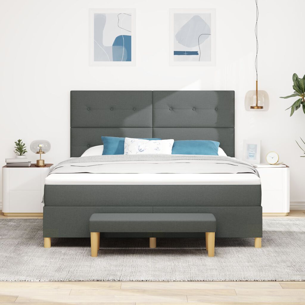 vidaXL Box Spring Κρεβάτι με Στρώμα & Πάγκο Σκούρο Γκρι 180x200 εκ. Ύφασμα