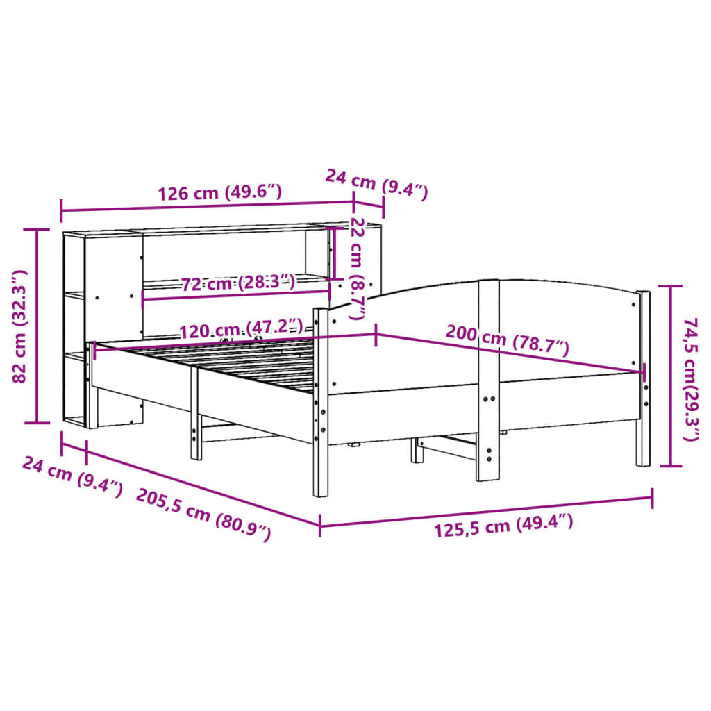 vidaXL Κρεβάτι Βιβλιοθήκη Χωρίς Στρώμα 120x200 εκ Μασίφ Ξύλο Πεύκο