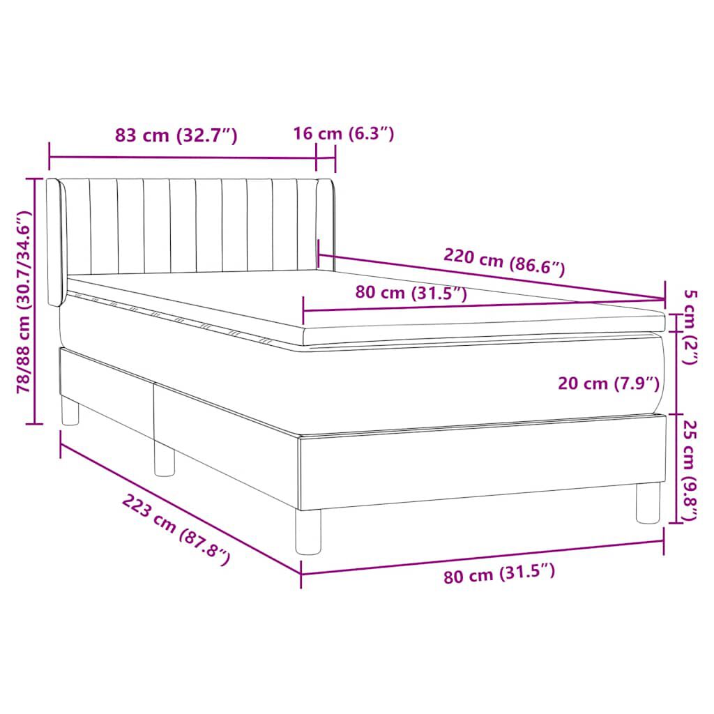 vidaXL Κρεβάτι Boxspring με Στρώμα Ροζ 80x220 εκ. Βελούδινο