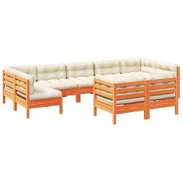 vidaXL Καναπές Κήπου Σετ 9 τεμ. Καφέ Μασίφ Ξύλο Πεύκου με Μαξιλάρια