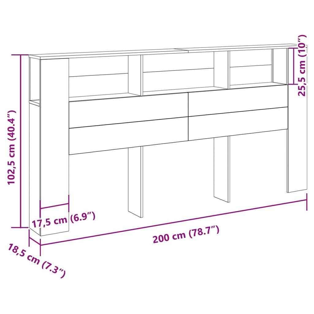 vidaXL Κεφαλάρι Ντουλάπα Μαύρη Δρυς 200x18,5x104,5 εκ.