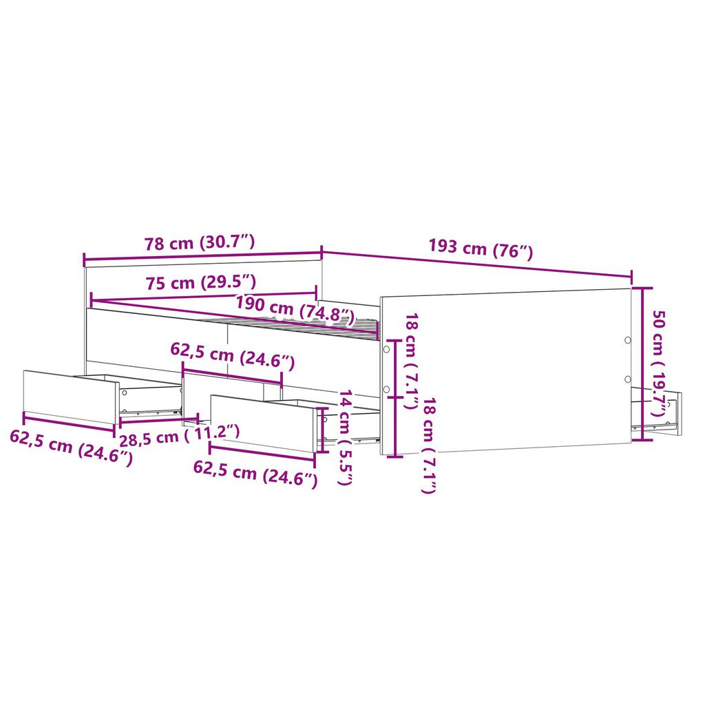vidaXL Κρεβάτι χωρίς Στρώμα Μαύρη Δρυς 75x190 εκ Επεξεργασμένο Ξύλο