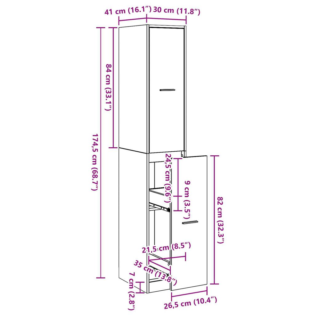 vidaXL Ντουλάπι Αποθήκης Μαύρης Δρυός 30x41x174.5 εκ. Κατασκευασμένο Ξύλο