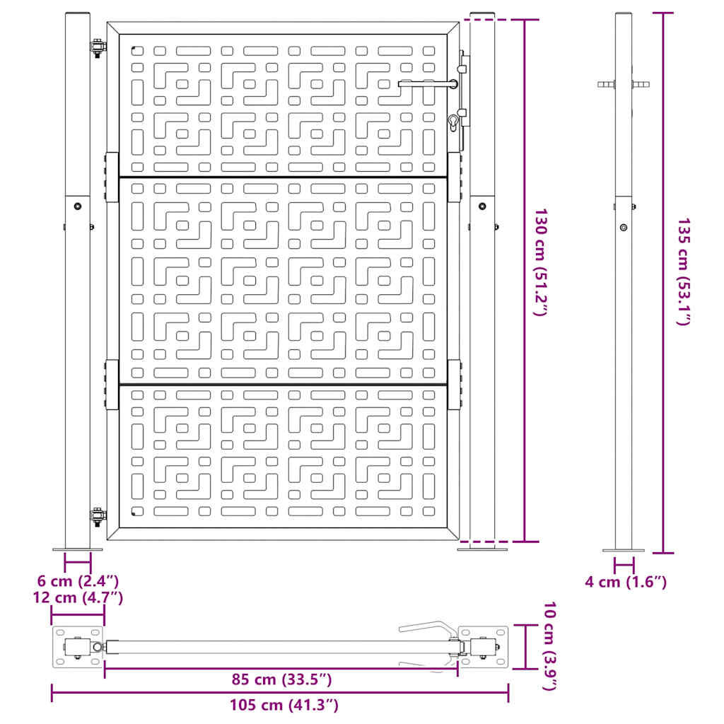 vidaXL Πύλη κήπου Μαύρη 105x130 cm Ατσάλινος σταυρός σχεδιασμού
