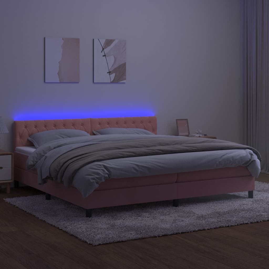 vidaXL Κρεβάτι Boxspring με Στρώμα & LED Ροζ 200x200 εκ. Βελούδινο