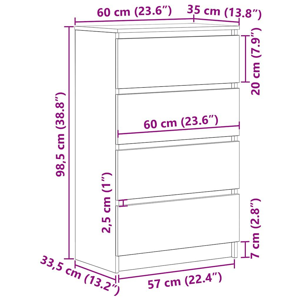 vidaXL Συρταριέρα Λευκή 60 x 35 x 98,5 εκ. από Επεξεργασμένο Ξύλο