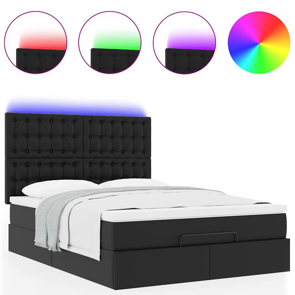 vidaXL Οθωμανικό κρεβάτι με στρώμα & LEDs Μαύρο Συνθετικό δέρμα