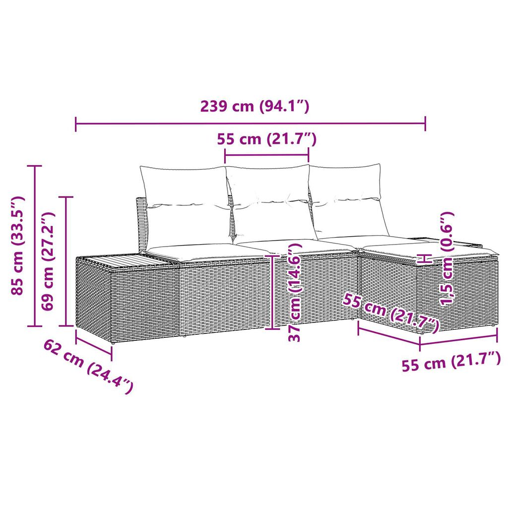 vidaXL με μαξιλάρι Ρυθμιζόμενος 4 pcs Μαύρο 239 x 117 x 37 εκ