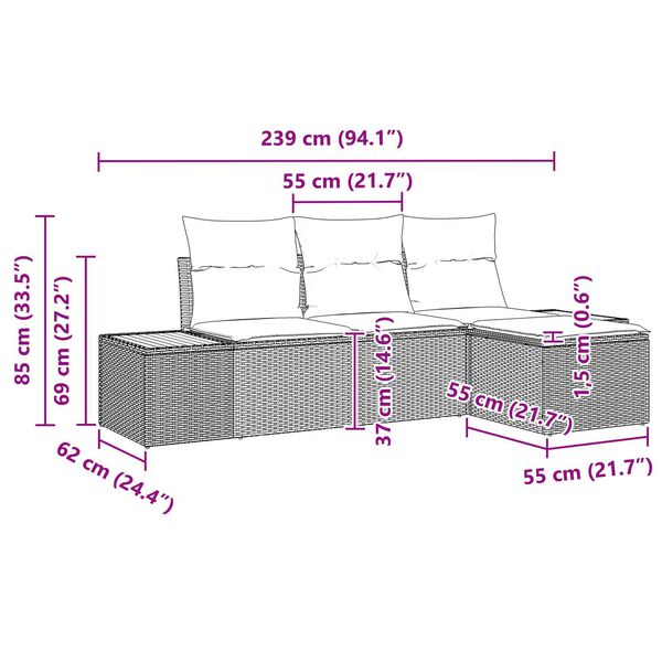 vidaXL με μαξιλάρι Ρυθμιζόμενος 4 pcs Μαύρο 239 x 117 x 37 εκ