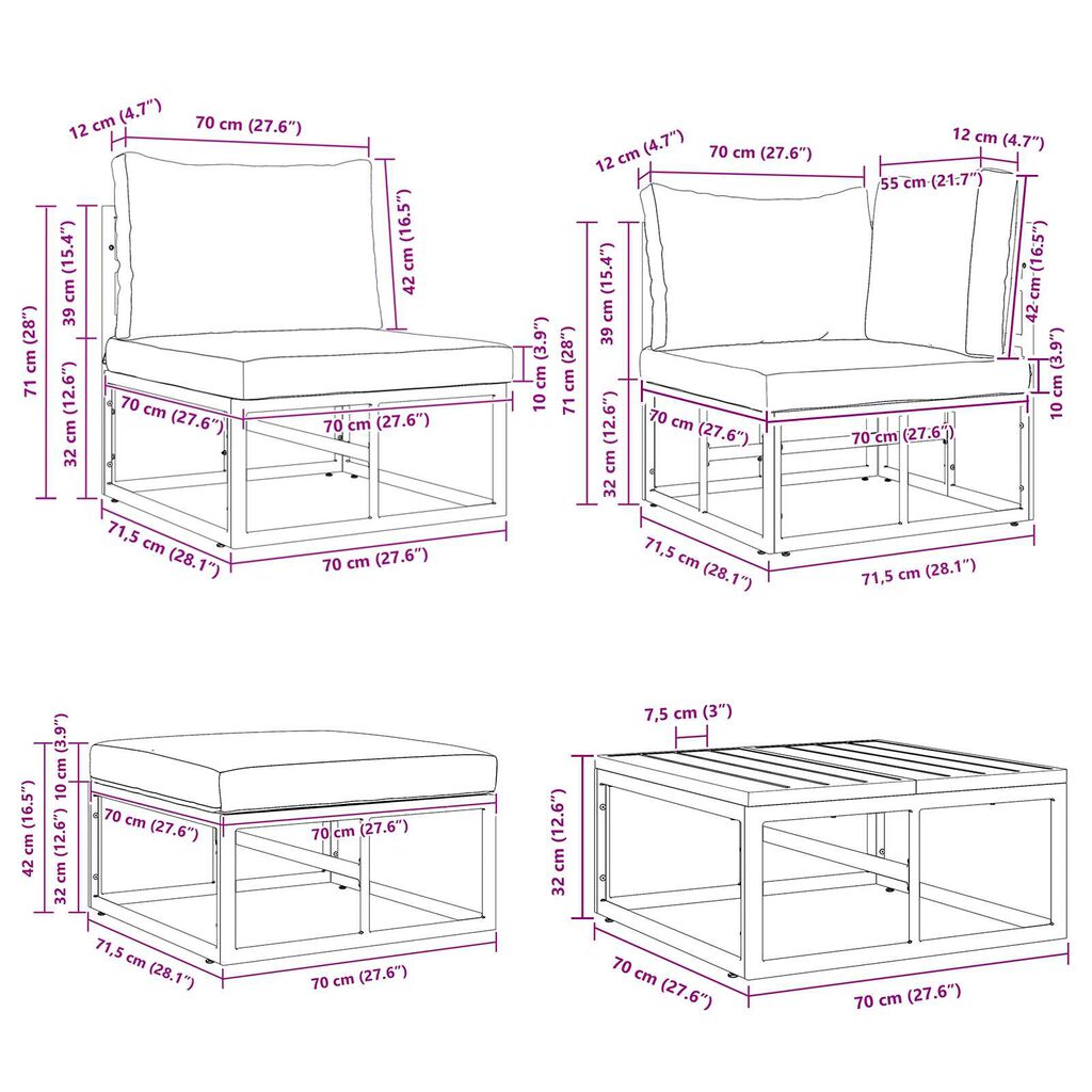 vidaXL Σετ Καναπέ Κήπου 5 pcs Μαύρο 213 x 141.5 x 71 εκ Αλουμίνιο