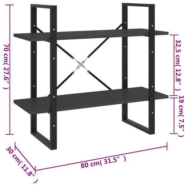 vidaXL Βιβλιοθήκη με 2 Ράφια Γκρι 80 x 30 x 70 εκ. από Επεξ. Ξύλο