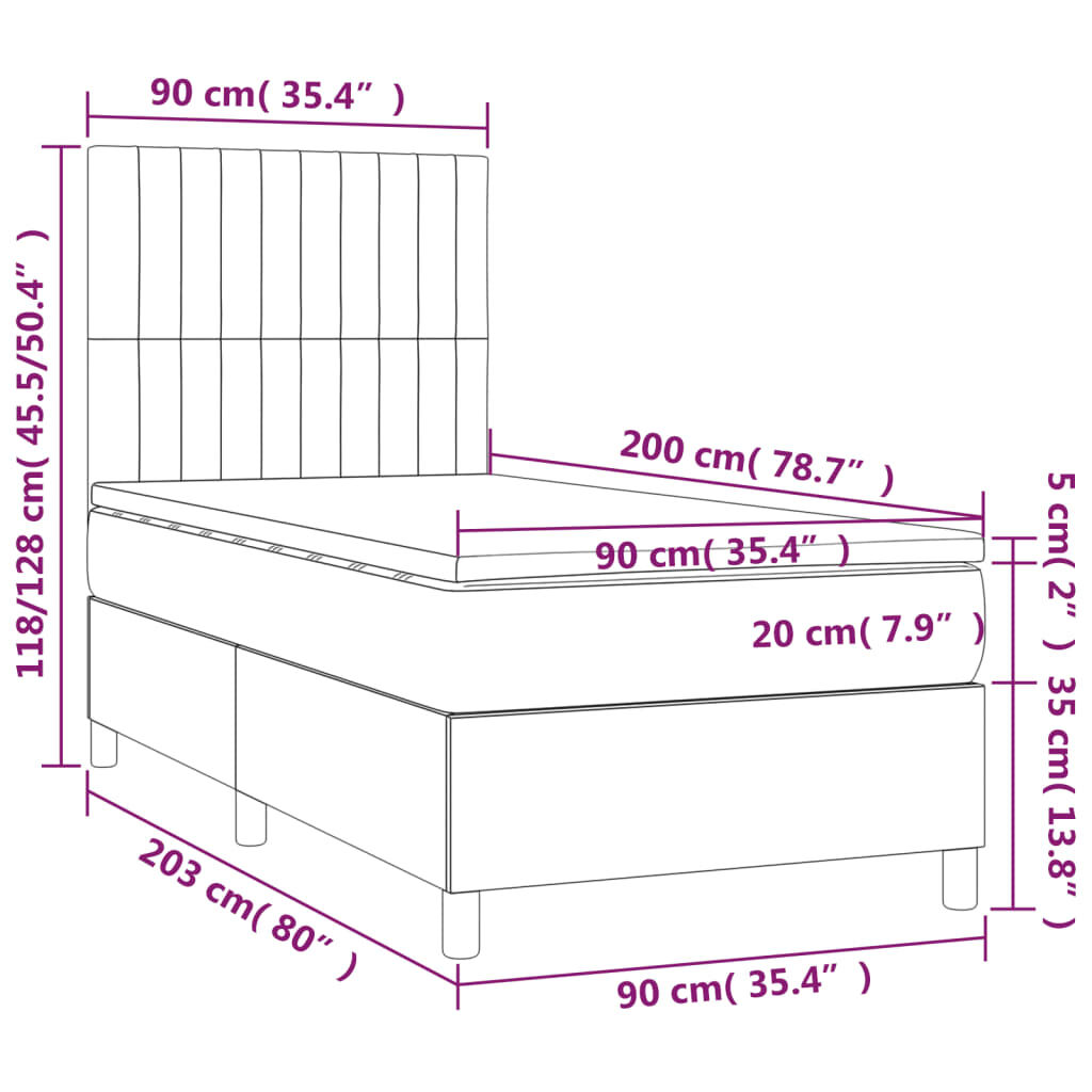 vidaXL Κρεβάτι Boxspring με Στρώμα & LED Σκ. Γκρι 90x200 εκ. Βελούδινο