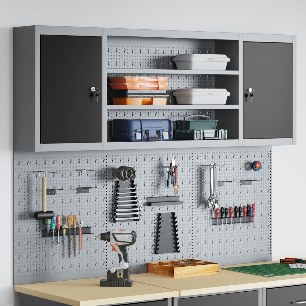 vidaXL Σετ Εργαλείων με 6 Τεμάχια και Πίνακα Pegboard Τοίχου Μαύρο Μέταλλο