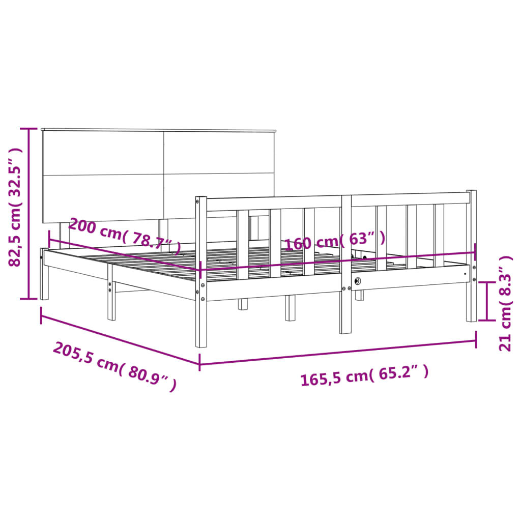 vidaXL Σκελετός Κρεβατιού Χωρίς Στρώμα 160x200 εκ Μασίφ Ξύλο Πεύκου