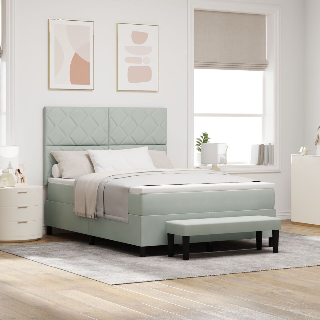 vidaXL Κρεβάτι Box Spring με Στρώμα & Πάγκο Ανοιχτό Γκρι 140x190 εκ. Βελούδο