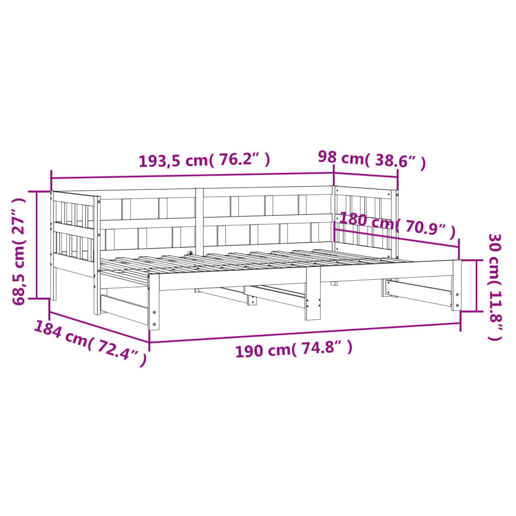vidaXL Καναπές Κρεβάτι Συρόμενος Λευκός 90 x 190 εκ. Μασίφ Ξύλο Πεύκου