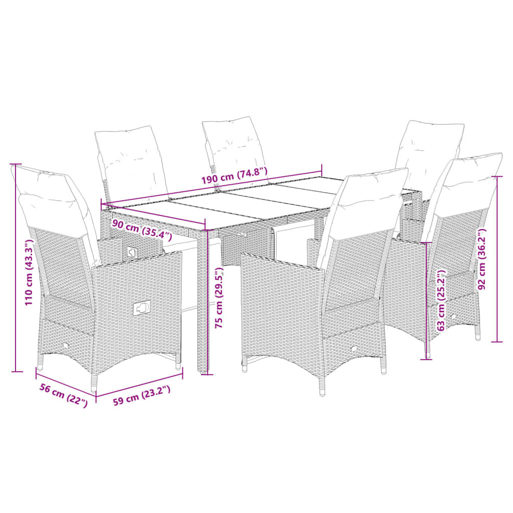 vidaXL Σετ Επίπλων Bistro Κήπου 7 τεμ. Γκρι Συνθετ. Ρατάν με Μαξιλάρια