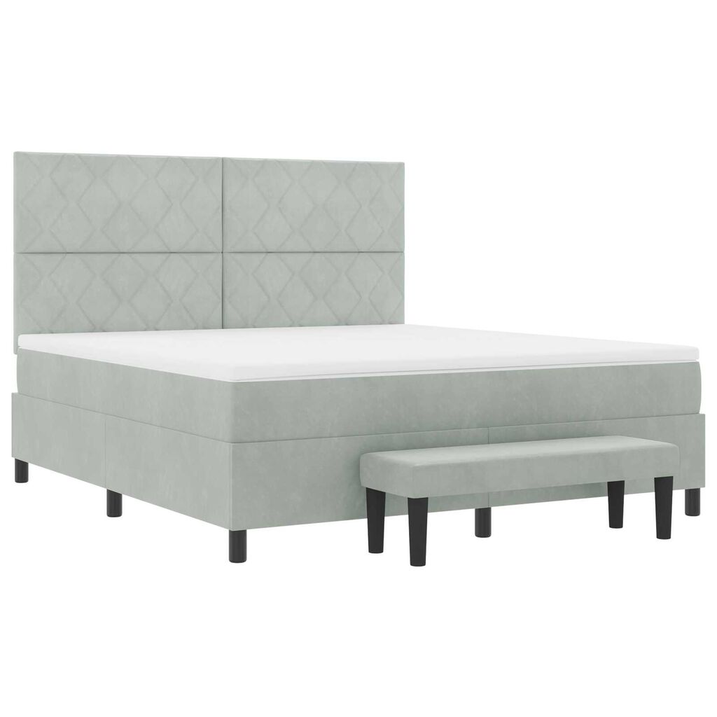vidaXL Κρεβάτι Box Spring με Στρώμα & Πάγκο Ανοιχτό Γκρι 180x200 εκ. Βελούδινο