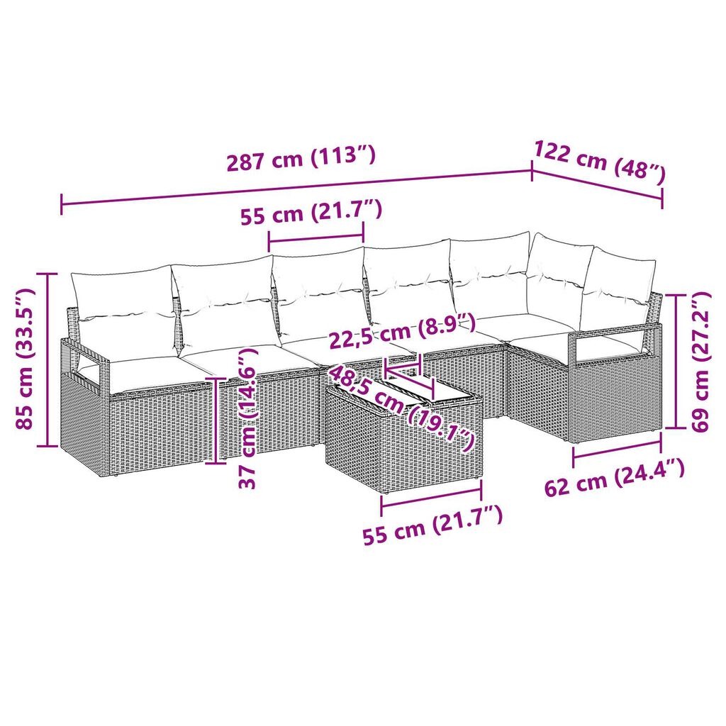 vidaXL Σετ Καναπέ Κήπου 7 pcs Καφέ Πολυ ράταν