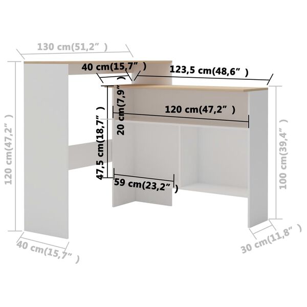 vidaXL Τραπέζι Μπαρ με 2 Επιφάνειες Λευκό / Δρυός 130 x 40 x 120 εκ.