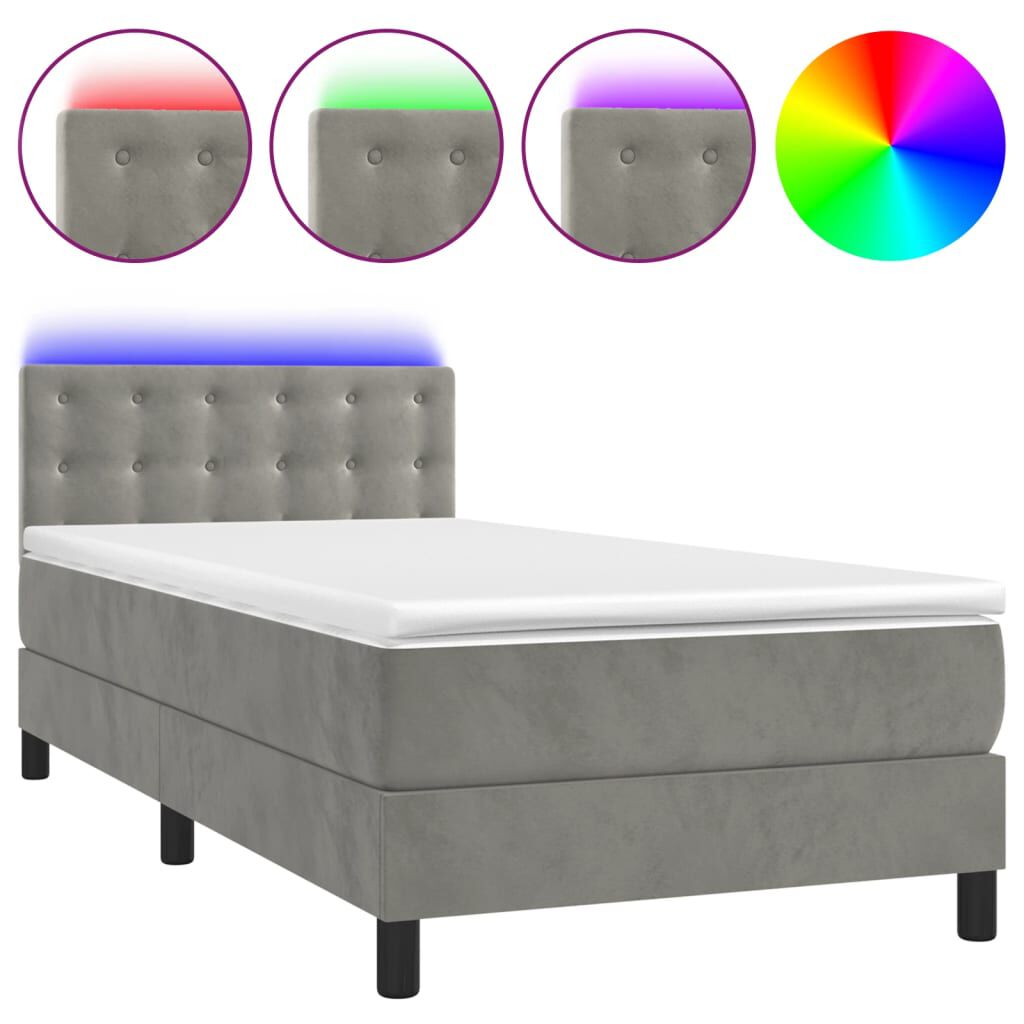 vidaXL Κρεβάτι Boxspring με Στρώμα & LED Αν.Γκρι 80x200 εκ. Βελούδινο