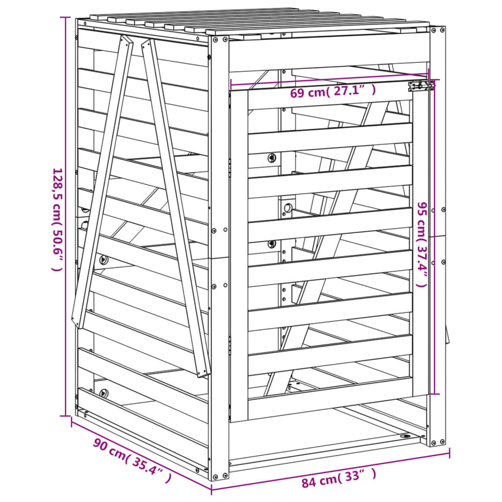 vidaXL Αποθ. Τροχήλατου Κάδου Γκρι 84x90x128,5 εκ. Μασίφ Ξύλο Πεύκου