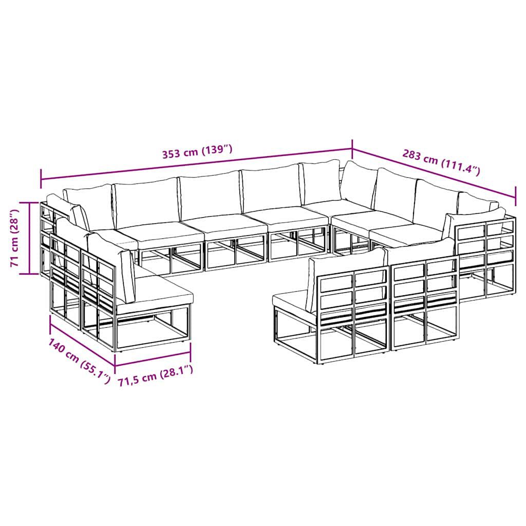 vidaXL Σετ Καναπέ Κήπου με μαξιλάρι 12 pcs Μαύρο Αλουμίνιο