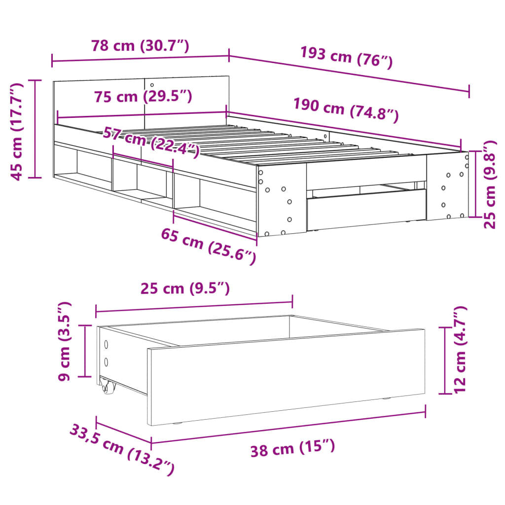 vidaXL Πλαίσιο Κρεβατιού με Συρτάρια Sonoma Δρυς 75x190 εκ. Επεξ. Ξύλο
