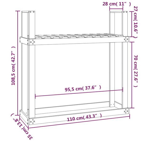 vidaXL Ραφιέρα Καυσόξυλων Γκρι 110x35x108,5 εκ. από Μασίφ Ξύλο Πεύκου