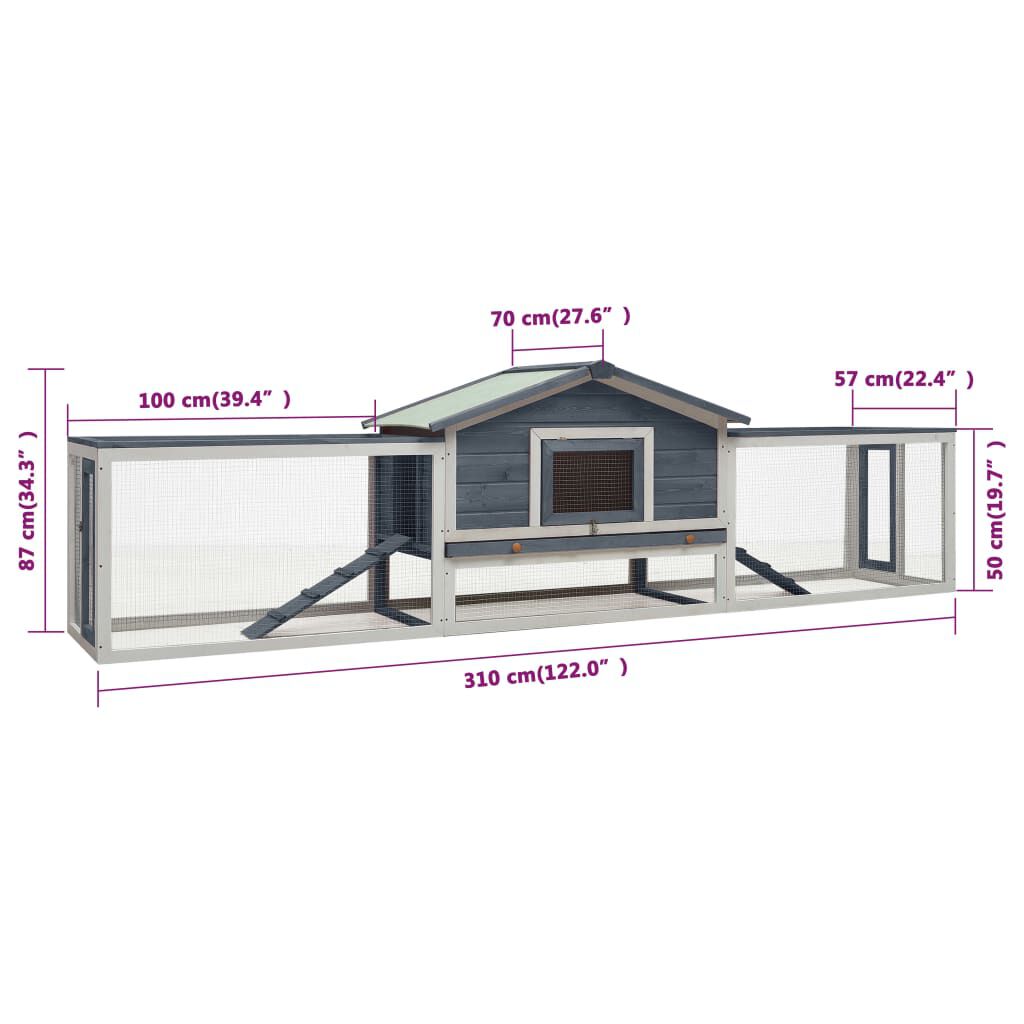 vidaXL Κλουβί Κουνελιών Γκρι 310x70x87 εκ. Μασίφ Ξύλο Πεύκου/Ελάτης
