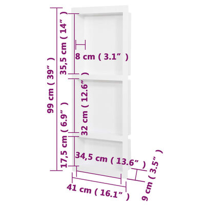 vidaXL Ράφι Ντουζιέρας με 3 Τμήματα Λευκό Ματ 41 x 99 x 9 εκ.