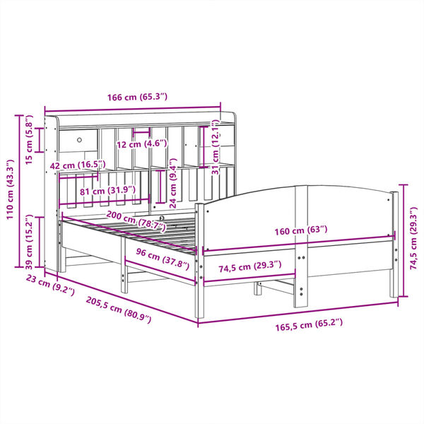 vidaXL Κρεβάτι Βιβλιοθήκη Χωρίς Στρώμα 160x200 εκ Μασίφ Ξύλο Πεύκου