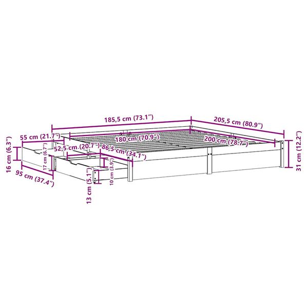 vidaXL Σκελετός Κρεβατιού Χωρίς Στρώμα 180x200 εκ Μασίφ Ξύλο Πεύκου